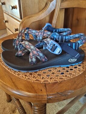Chaco  Patterned Strap Sandals in Black, Blue, and Pink